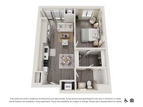 Floor plan for 1 bed, 1 bath, 675 sqft